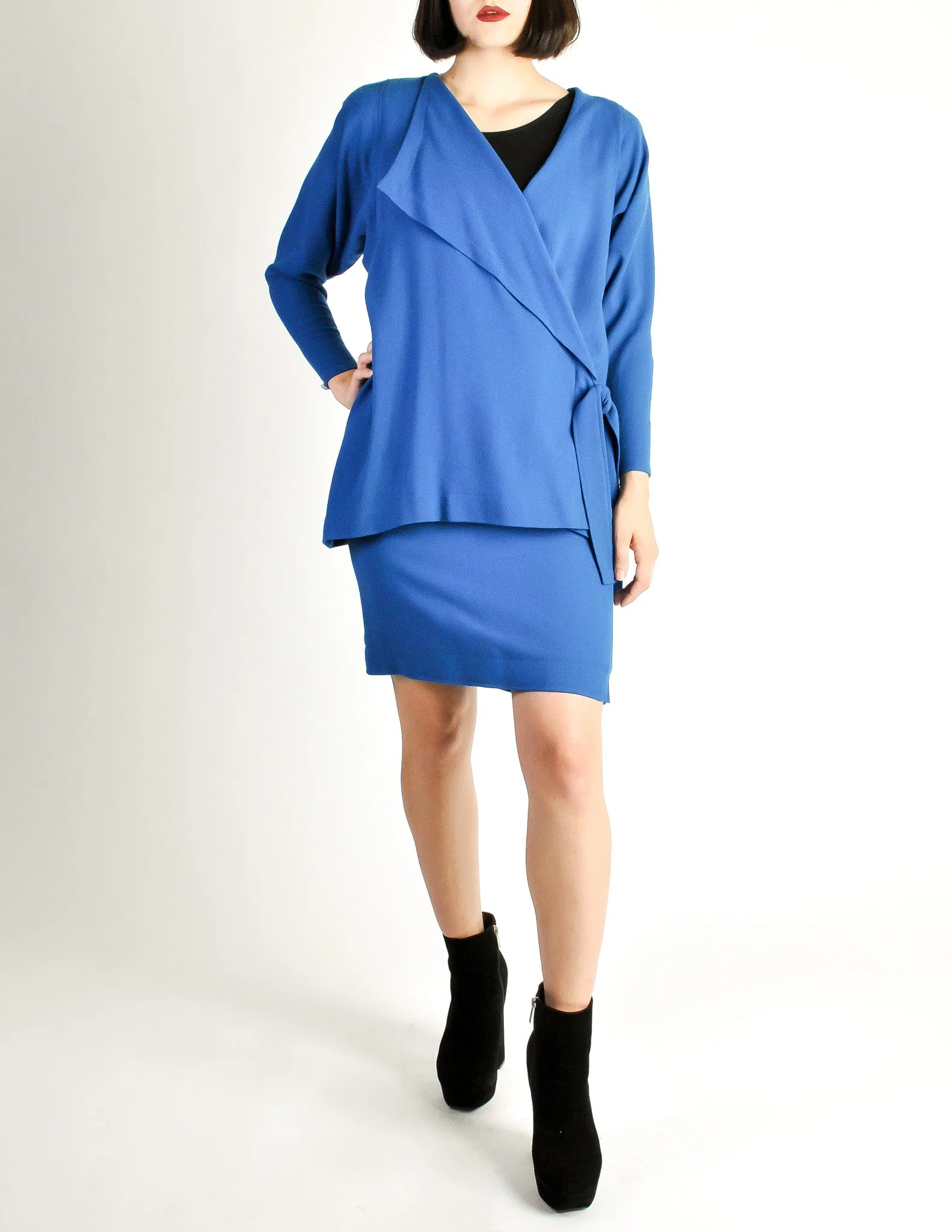 Jean Muir Vintage Cobalt Blue Wool Crepe Draping Wrap Jacket and Skirt Set Ensemble