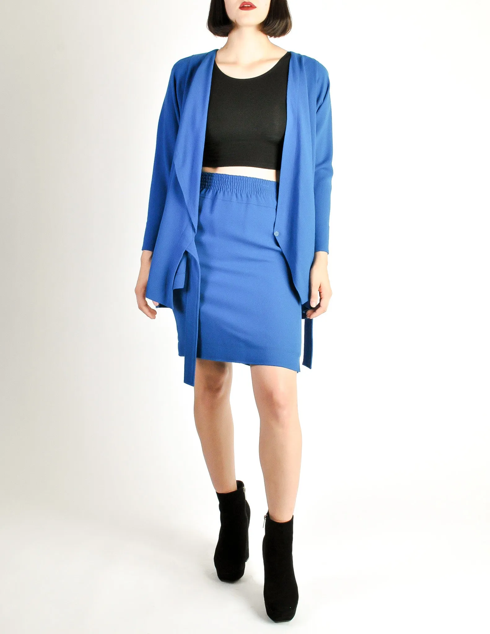 Jean Muir Vintage Cobalt Blue Wool Crepe Draping Wrap Jacket and Skirt Set Ensemble