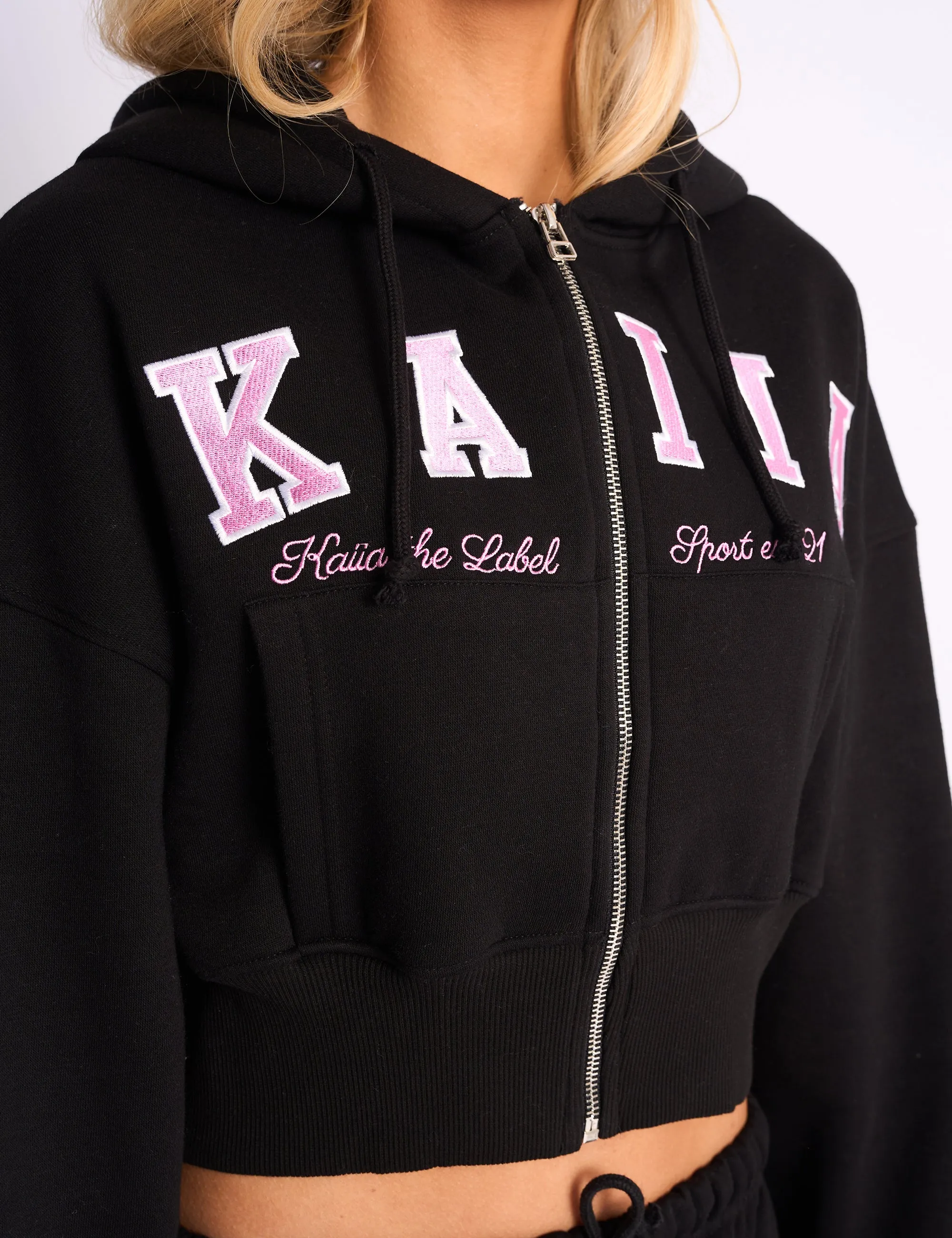 Kaiia Slogan Cropped Zip Up Hoodie Black & Pink