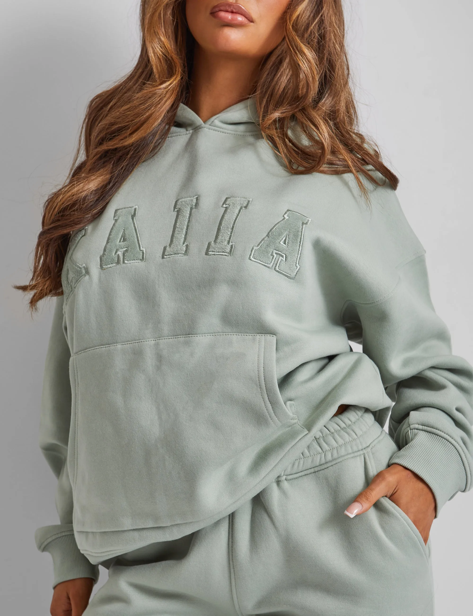 Kaiia Slogan Oversized Hoodie Sage Green