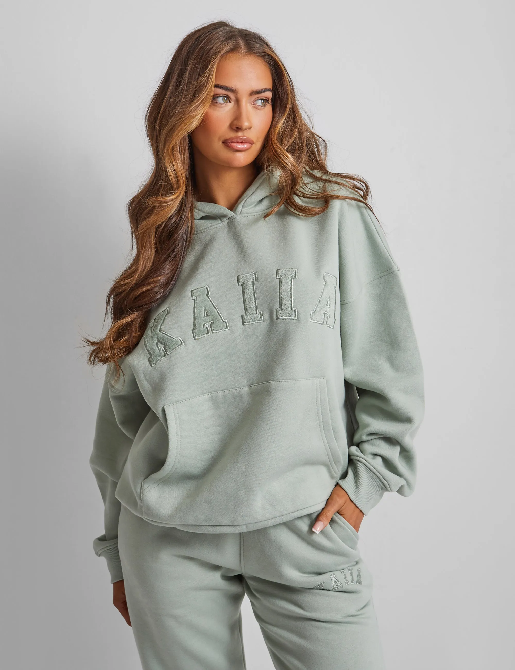 Kaiia Slogan Oversized Hoodie Sage Green