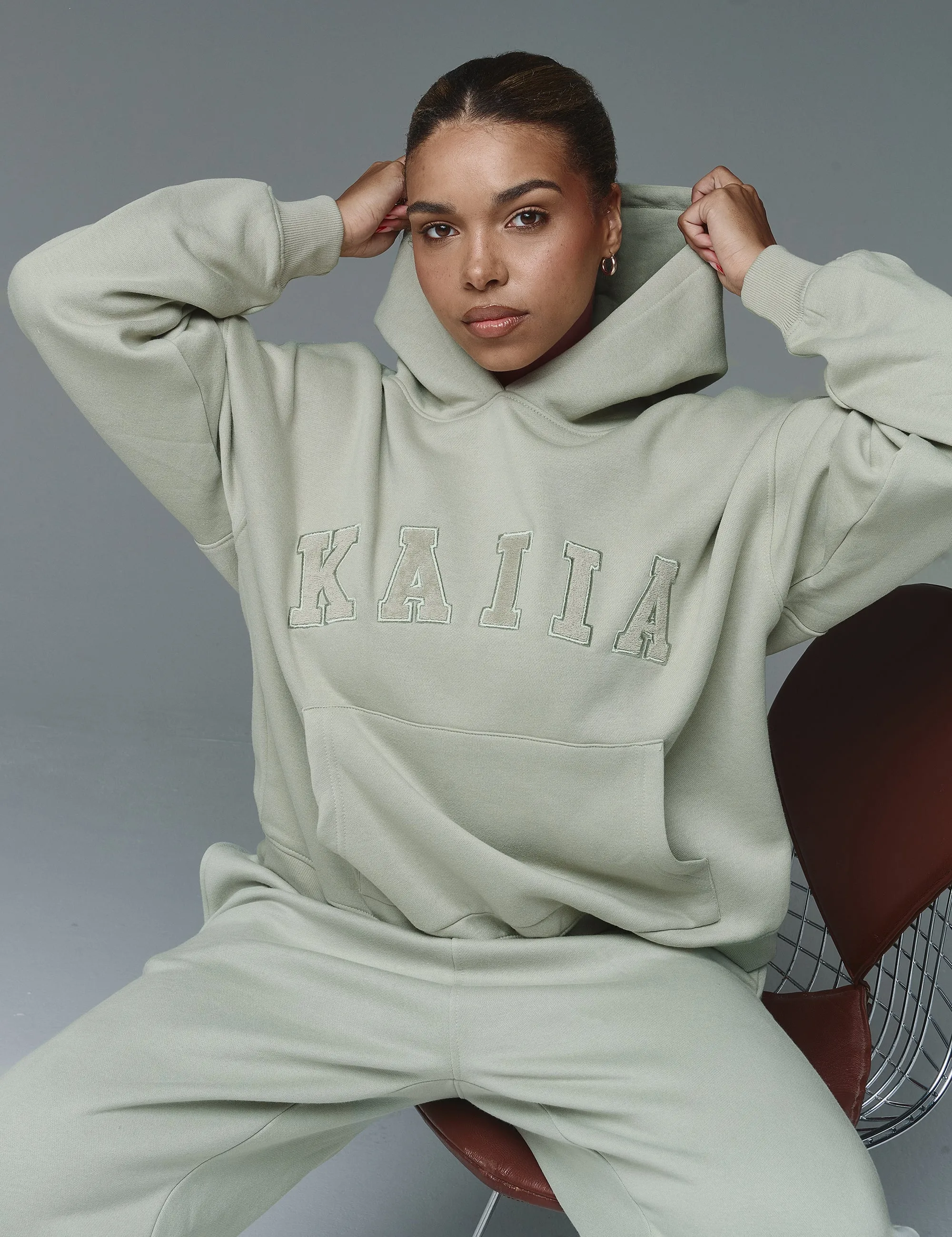 Kaiia Slogan Oversized Hoodie Sage Green