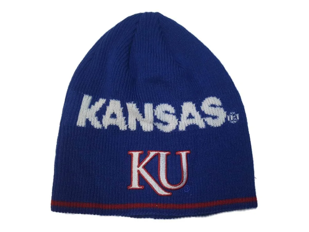 Kansas Jayhawks Adidas Blue Acrylic Knit Uncuffed Skull Beanie Hat Cap