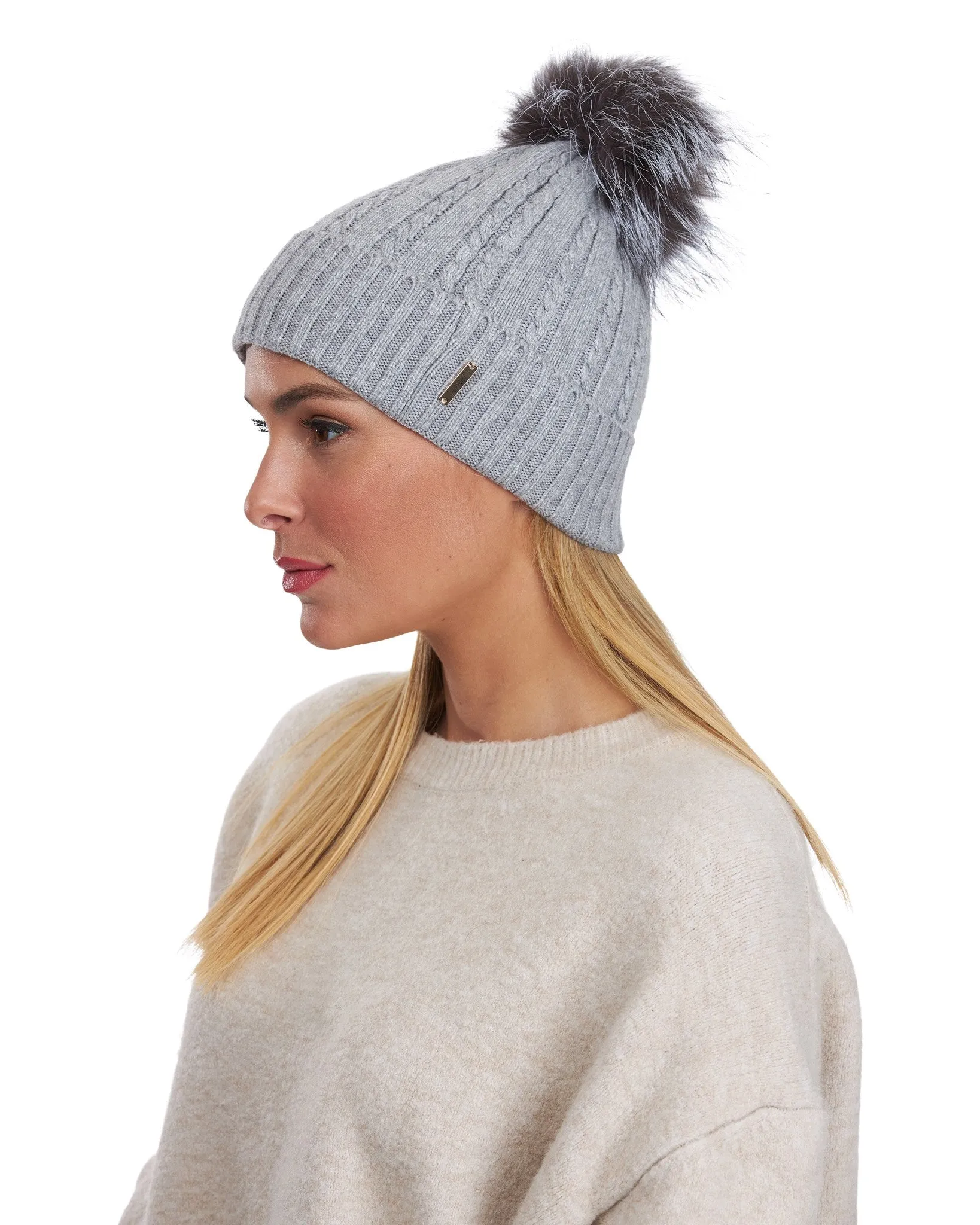 Knit Hat with Silver Fox Pompom