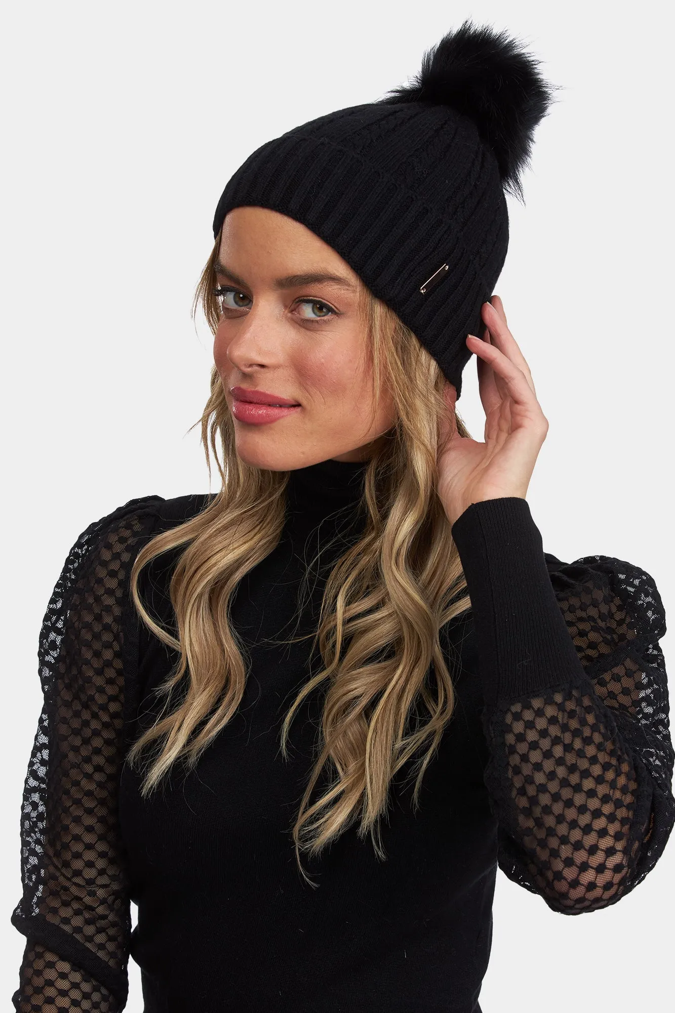 Knit Hat with Silver Fox Pompom