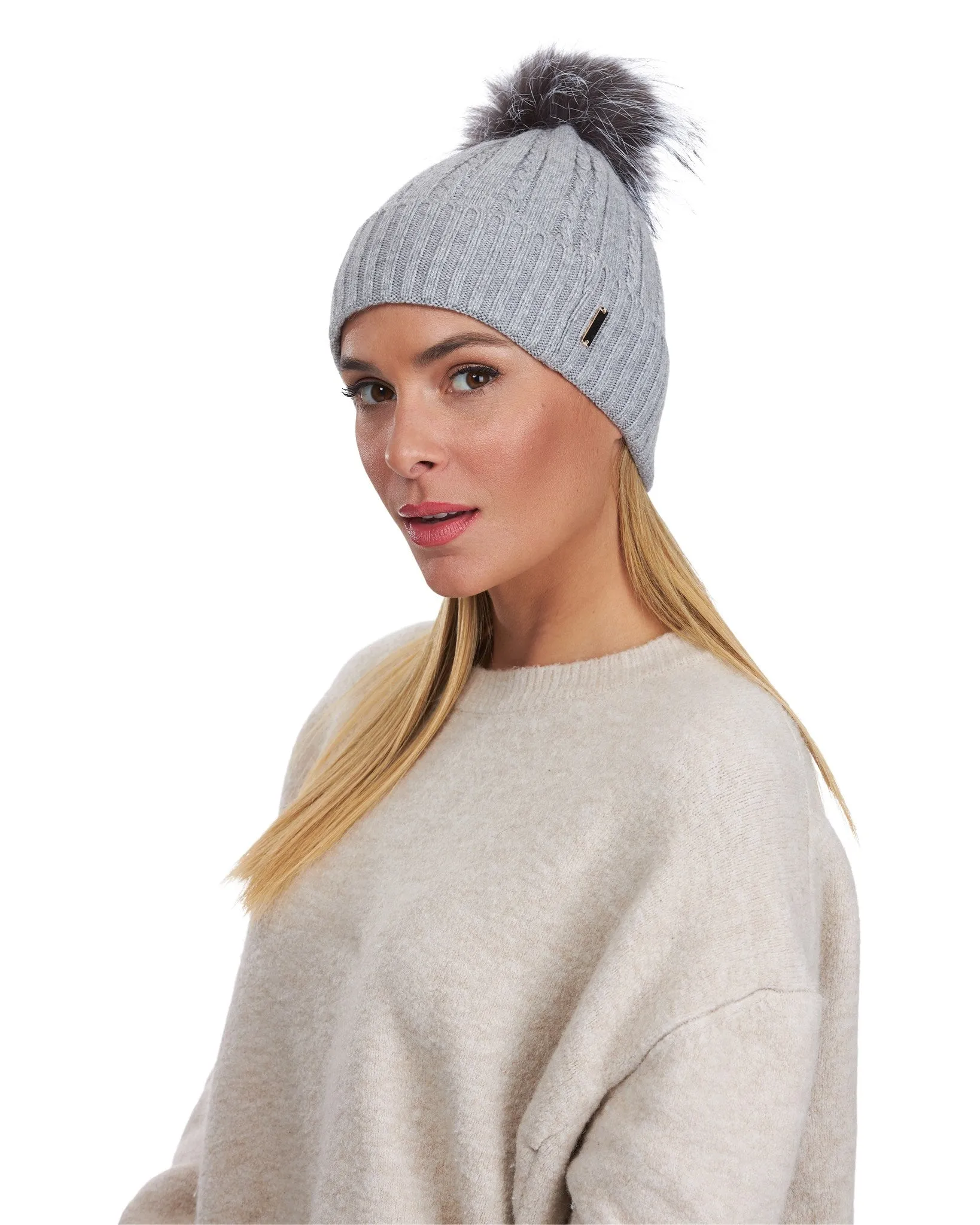 Knit Hat with Silver Fox Pompom