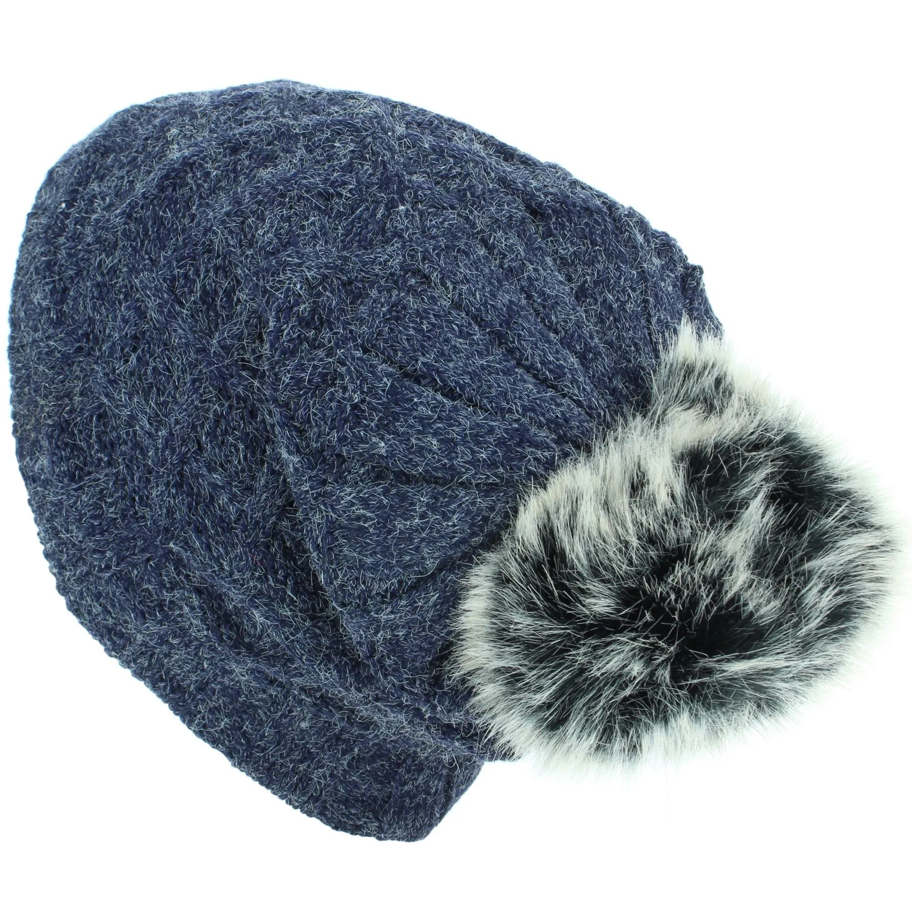 Knitted Slouch Bobble Beanie Hat with Super Soft Fleece Lining - Blue