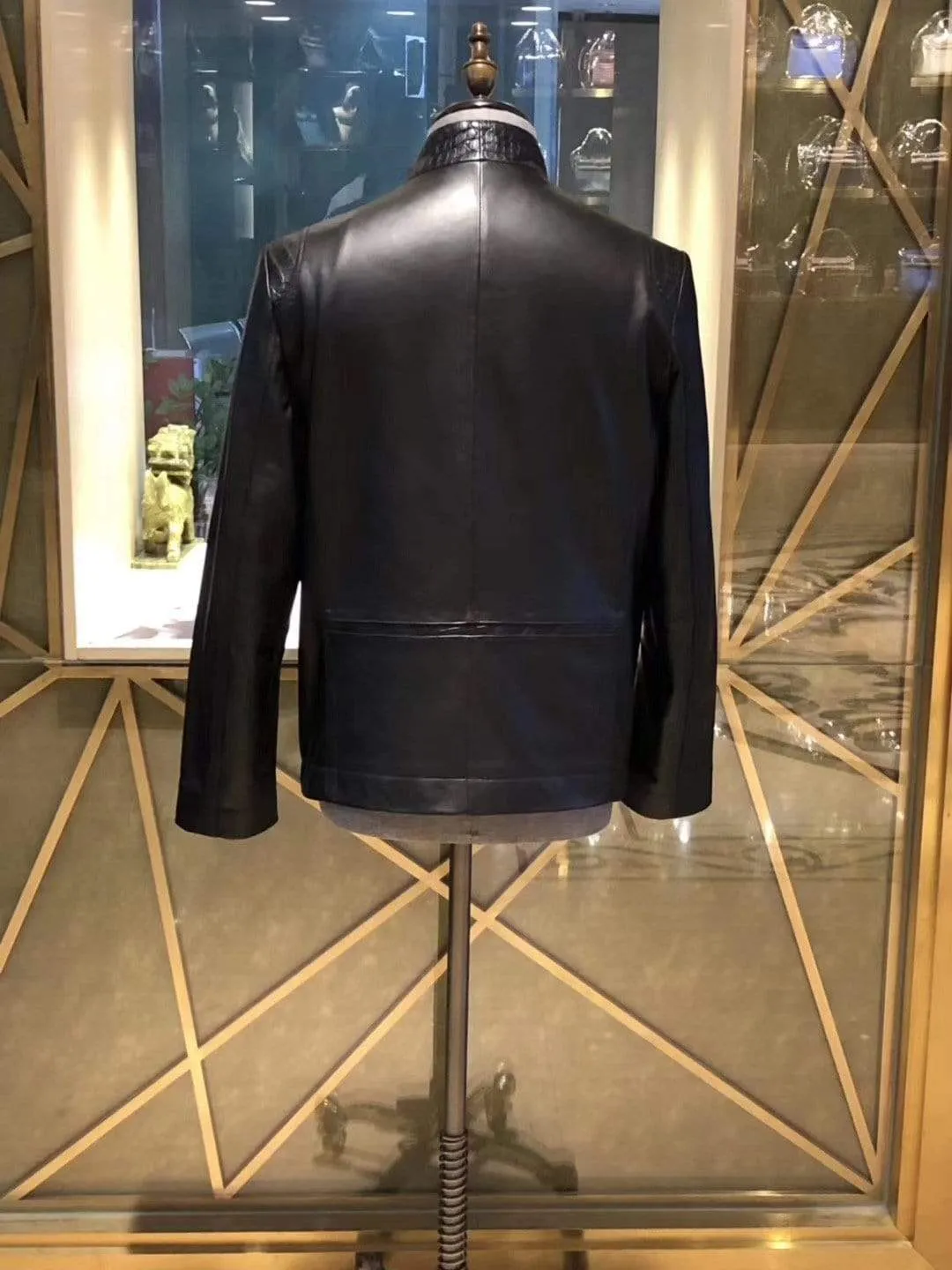 Lambskin Leather With Crocodile Belly Leather Trim  Biker Bomber Jacket For Men