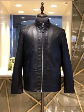 Lambskin Leather With Crocodile Belly Leather Trim  Biker Bomber Jacket For Men