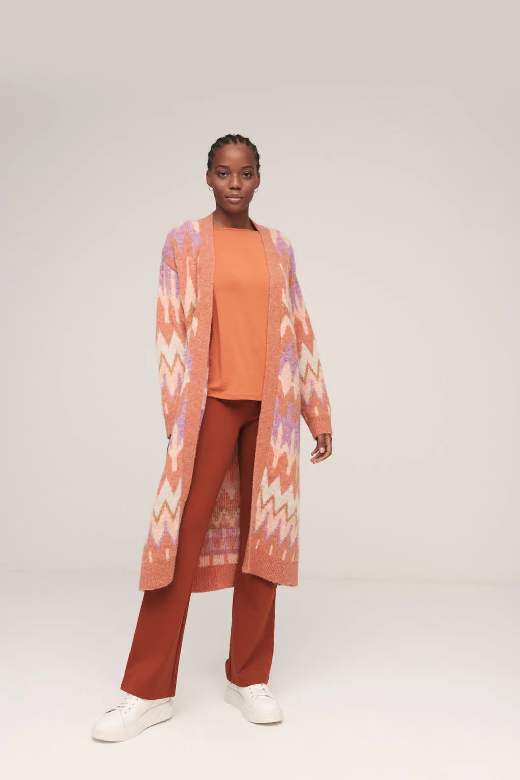 Lang vest met zigzag print | Surkana tricot jacquard coat orange