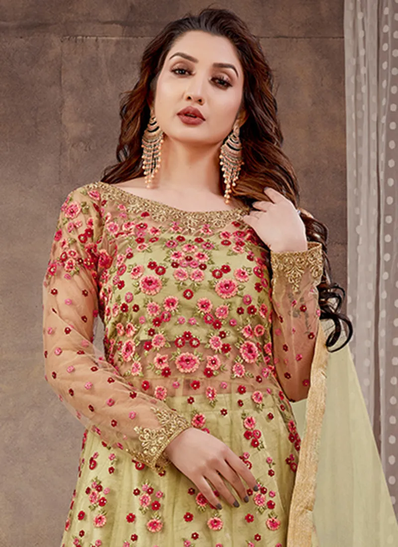 Light Green Multi Embroidery Wedding Anarkali Lehenga