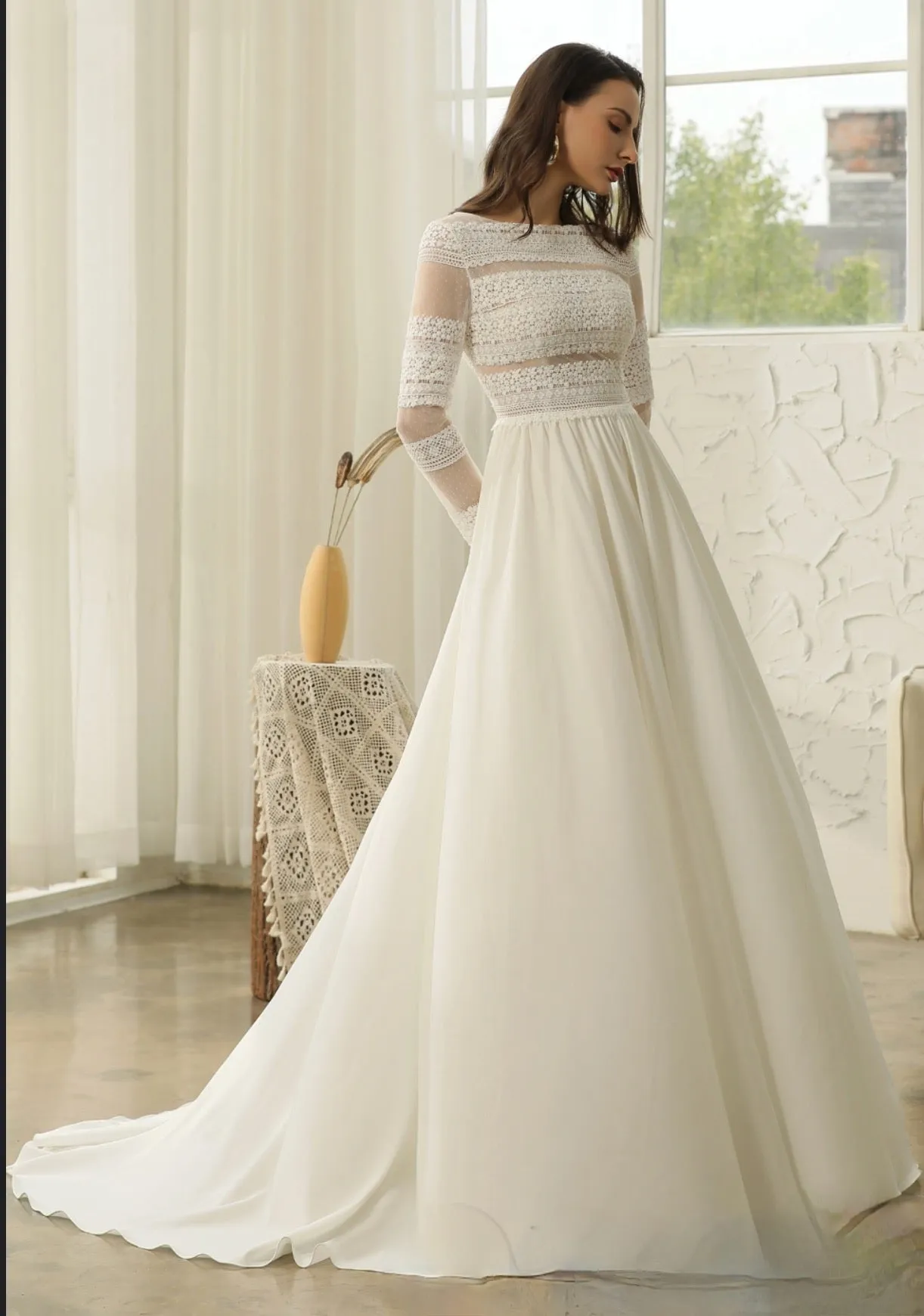 Long Sleeve Lace A-line Boho Wedding Dress