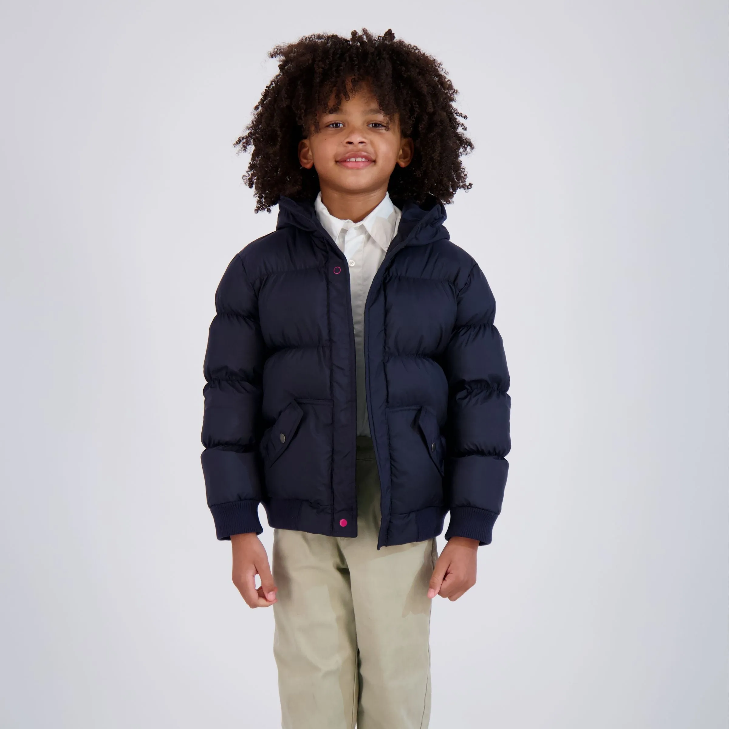 MagnaMini Kids Magnetic Front Water-Resistant Puffer Coat with Hood in Navy