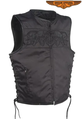 Mens Black Textile Motorcycle Vest With Reflective Skulls Across Chest & Back