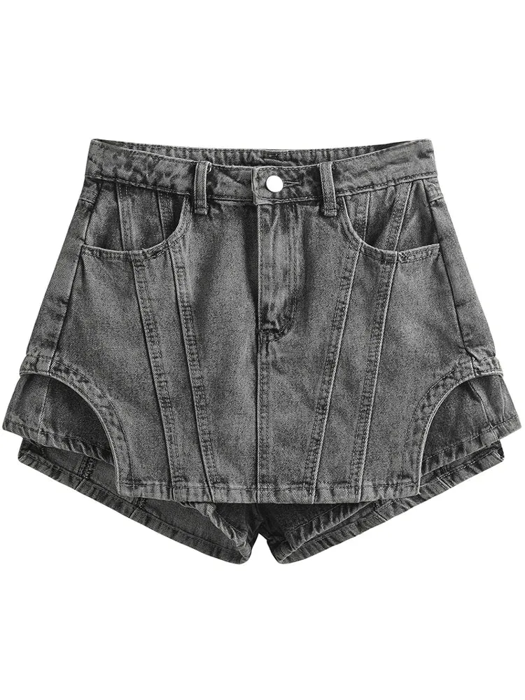 Minimalist Denim Shorts For Women High Waist Patchwork Button Summer Irregular Shorts Skirts Female Fashion 2023