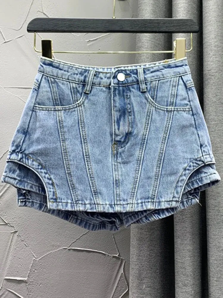 Minimalist Denim Shorts For Women High Waist Patchwork Button Summer Irregular Shorts Skirts Female Fashion 2023