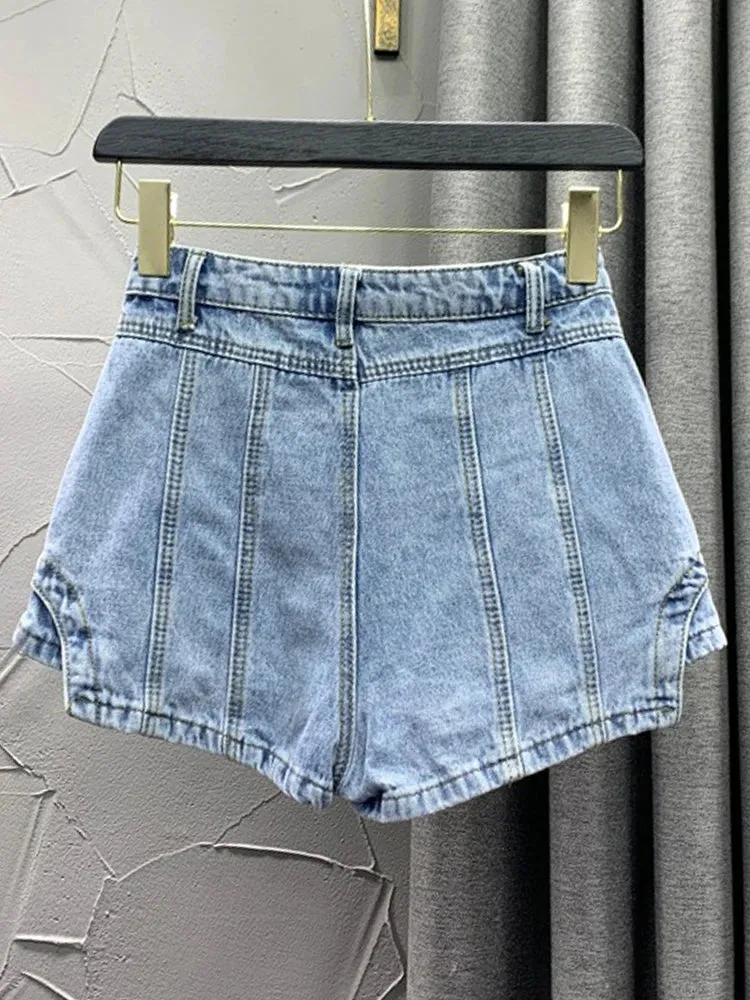 Minimalist Denim Shorts For Women High Waist Patchwork Button Summer Irregular Shorts Skirts Female Fashion 2023