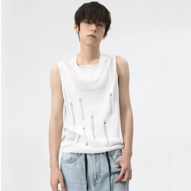 Minimalist Loose Tank Top Thin Men Solid Color Round Neck Knitted Vest Niche Design Hollow Out Sleeveless Summer