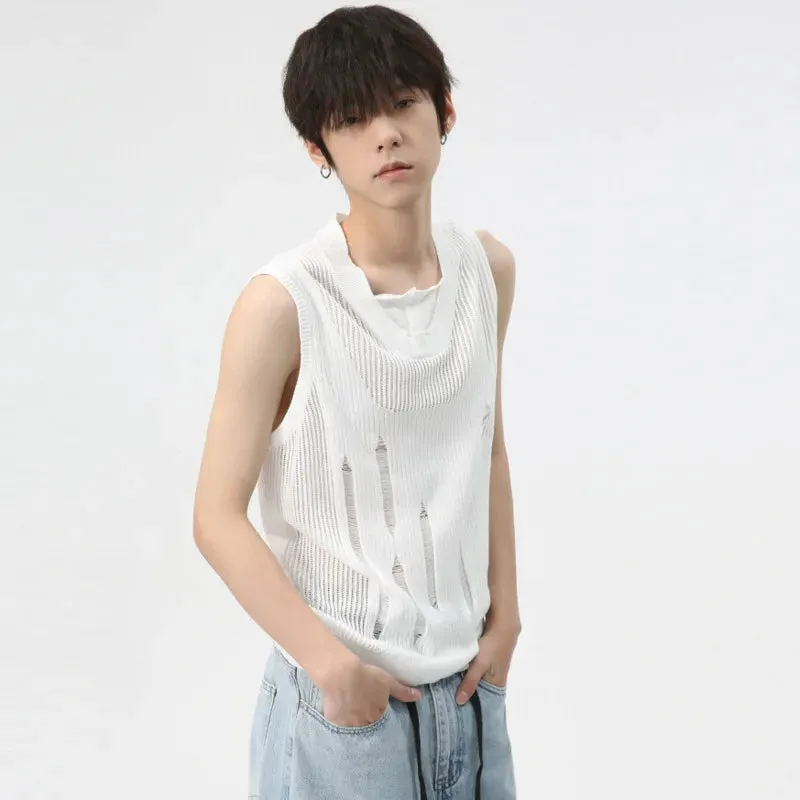 Minimalist Loose Tank Top Thin Men Solid Color Round Neck Knitted Vest Niche Design Hollow Out Sleeveless Summer