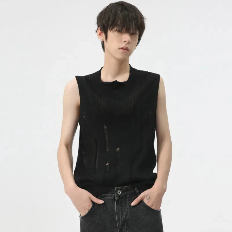 Minimalist Loose Tank Top Thin Men Solid Color Round Neck Knitted Vest Niche Design Hollow Out Sleeveless Summer