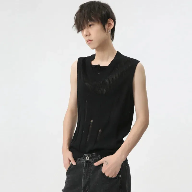 Minimalist Loose Tank Top Thin Men Solid Color Round Neck Knitted Vest Niche Design Hollow Out Sleeveless Summer