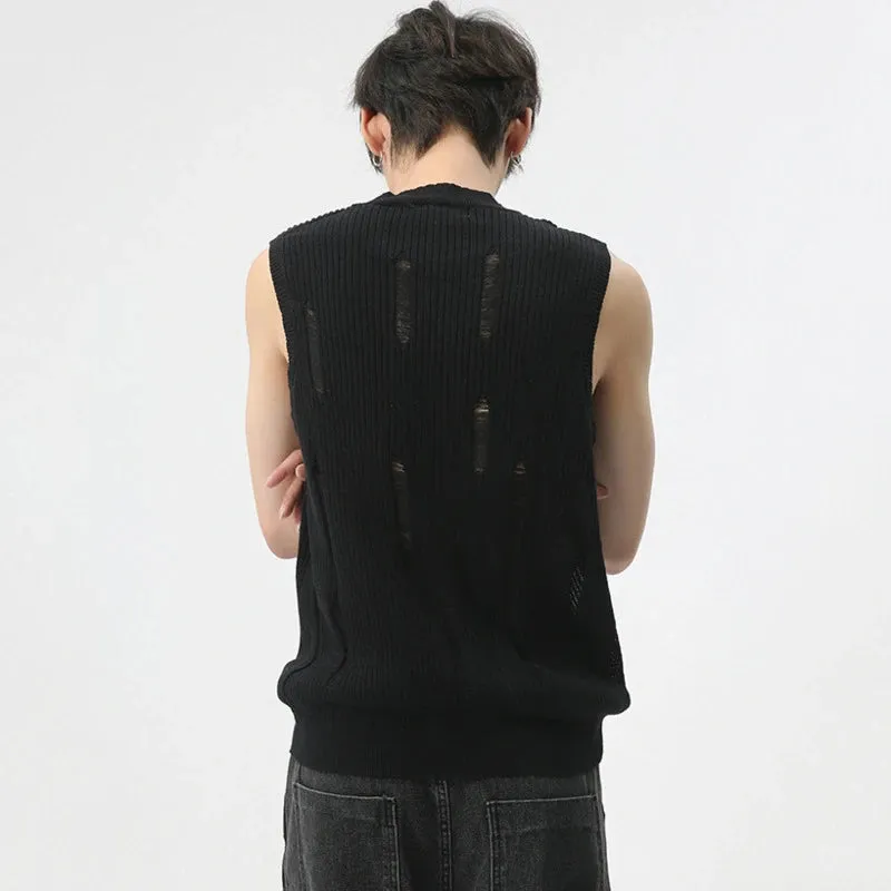 Minimalist Loose Tank Top Thin Men Solid Color Round Neck Knitted Vest Niche Design Hollow Out Sleeveless Summer