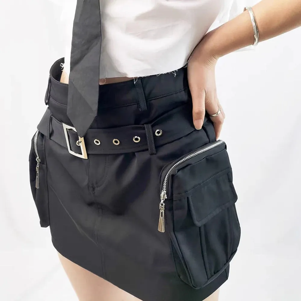 Minimalist Patchwork Belt Skirts For Women High Waist Spliced Pocket Short Length Skirt Female Fashion Clothing