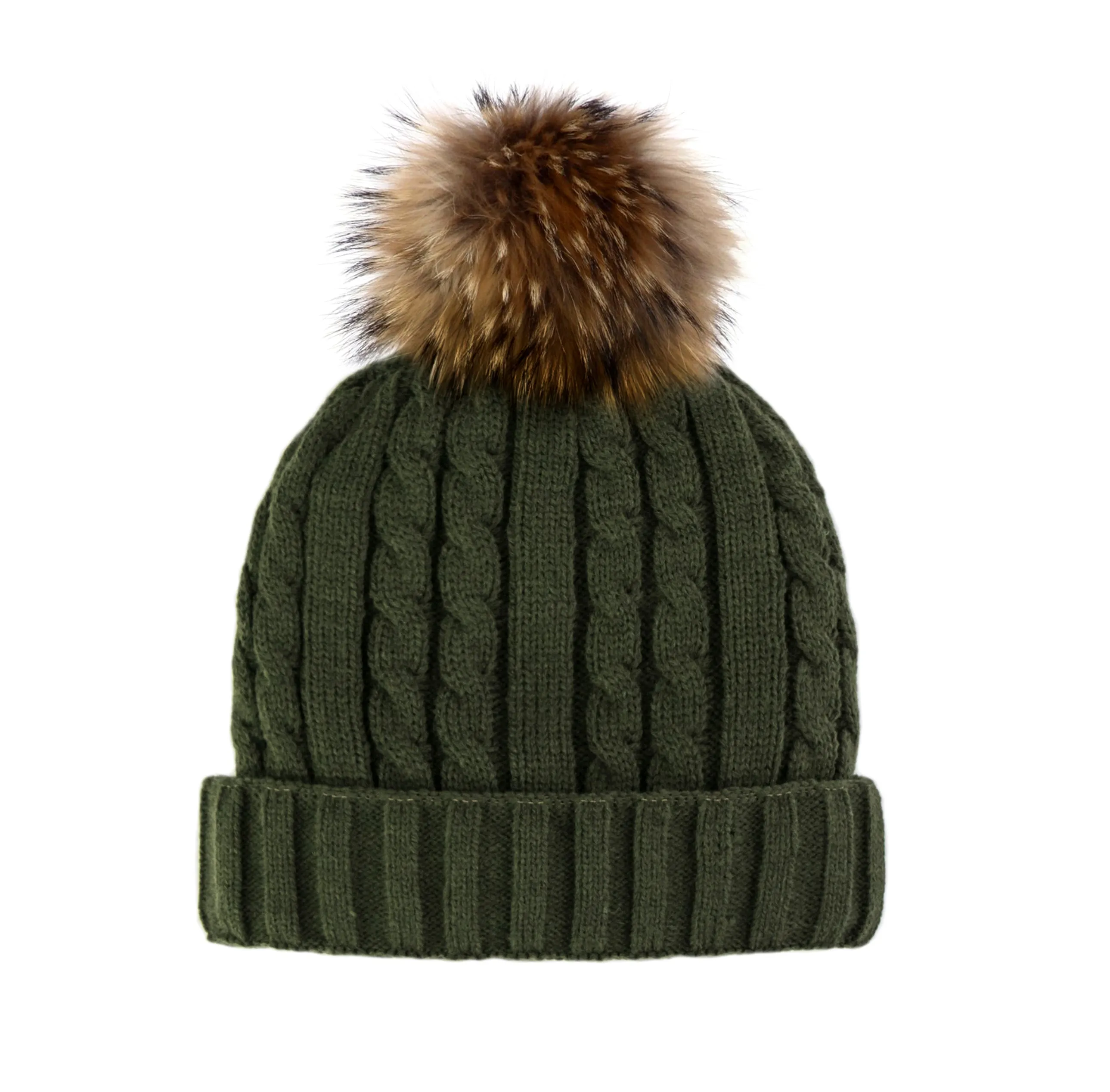 Mitchie's | Cable Knit Beanie with Fleece Lining and Fur Pom