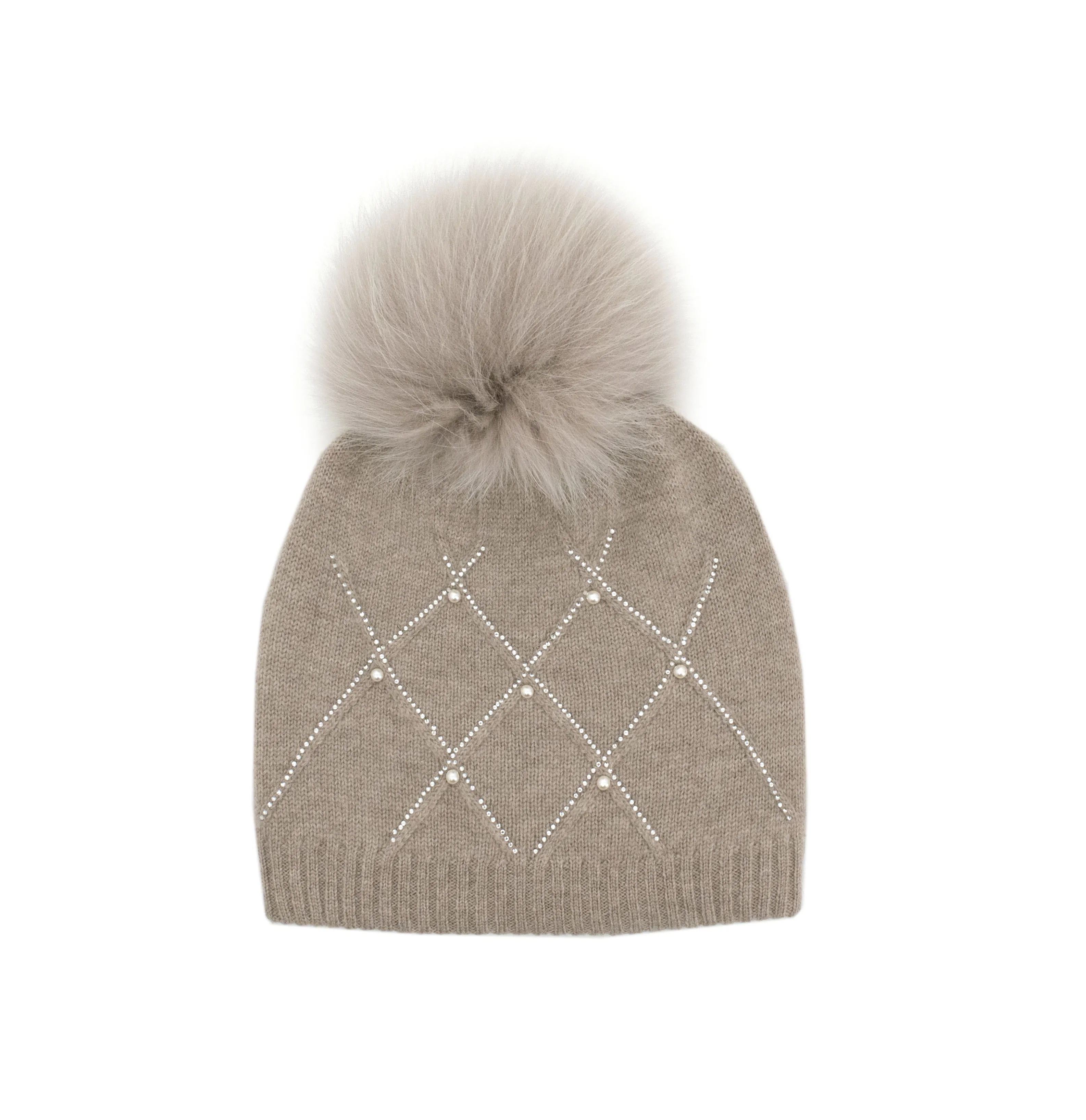 Mitchie's | Knitted Hat with Diamond Weave Crystals and Fox Fur Pom