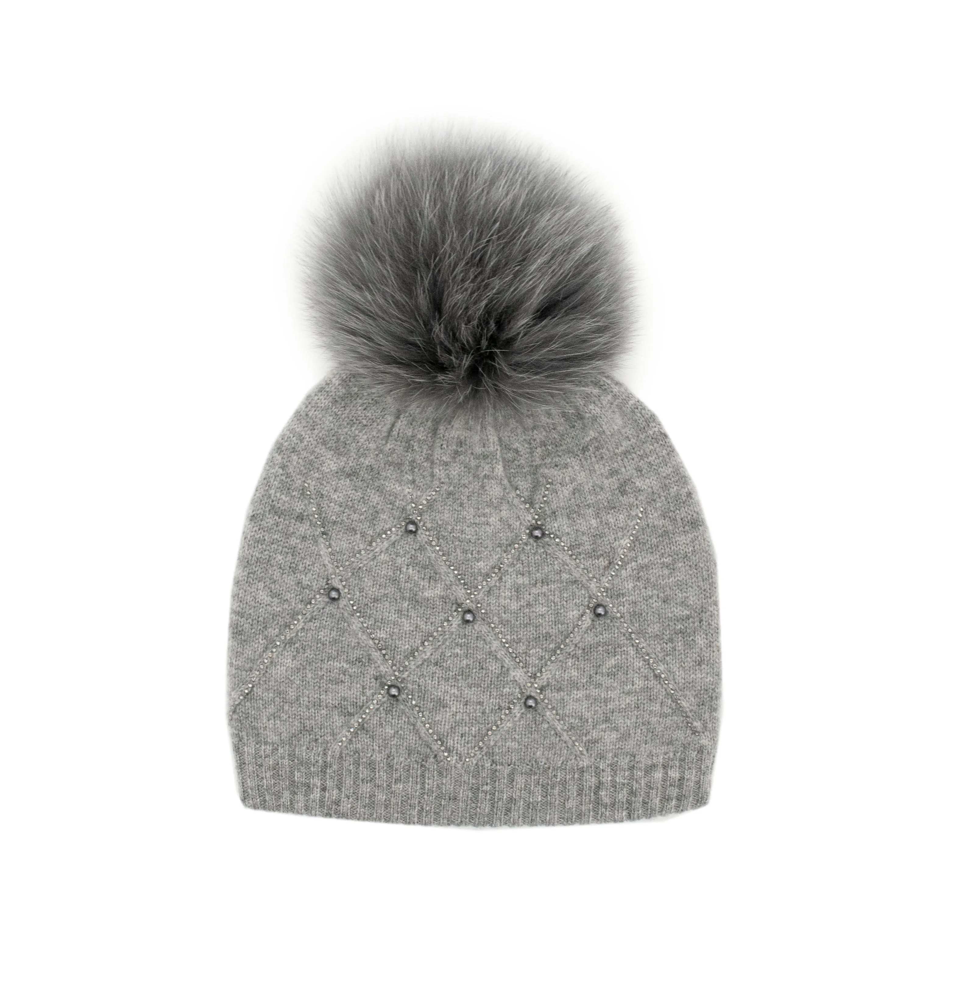 Mitchie's | Knitted Hat with Diamond Weave Crystals and Fox Fur Pom