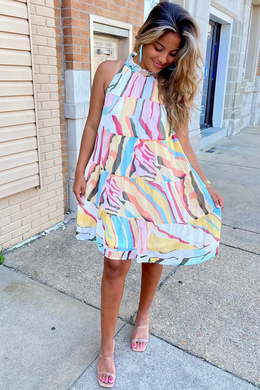 Multicolor Abstract Print Sleeveless Tiered Flowy Dress