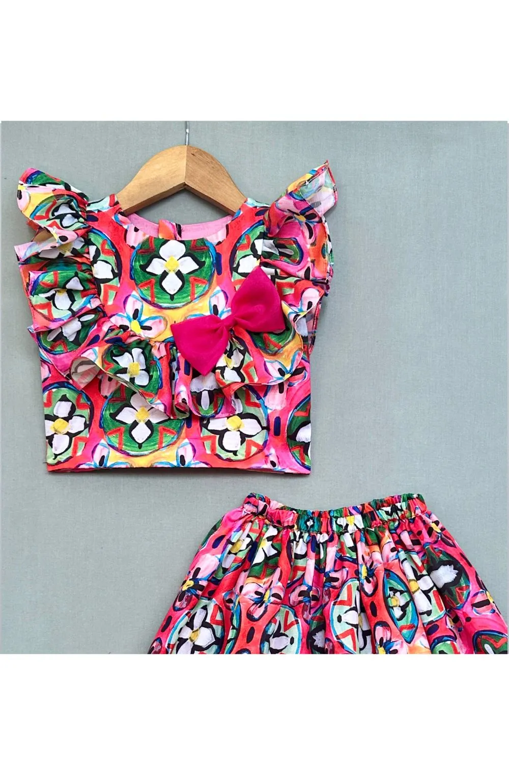 Multicolor Abstract Printed Cotton Top And Skirt Set