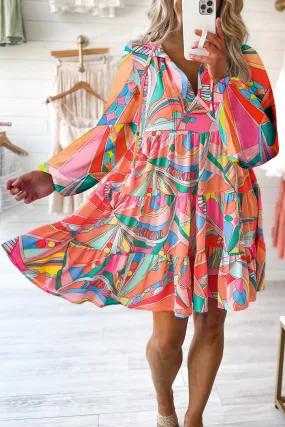 Multicolor Geometric Print Split Neck Ruffle Tiered Short Dress