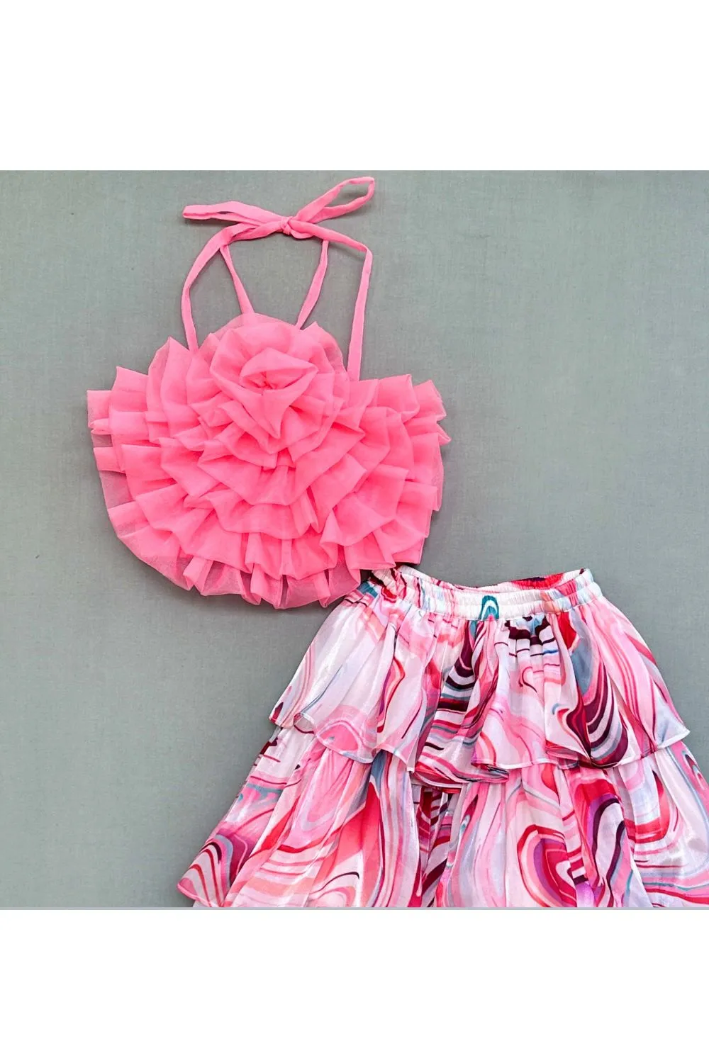 Multicolor Pink Halter Neck Ruffles top with Printed layers Skirt