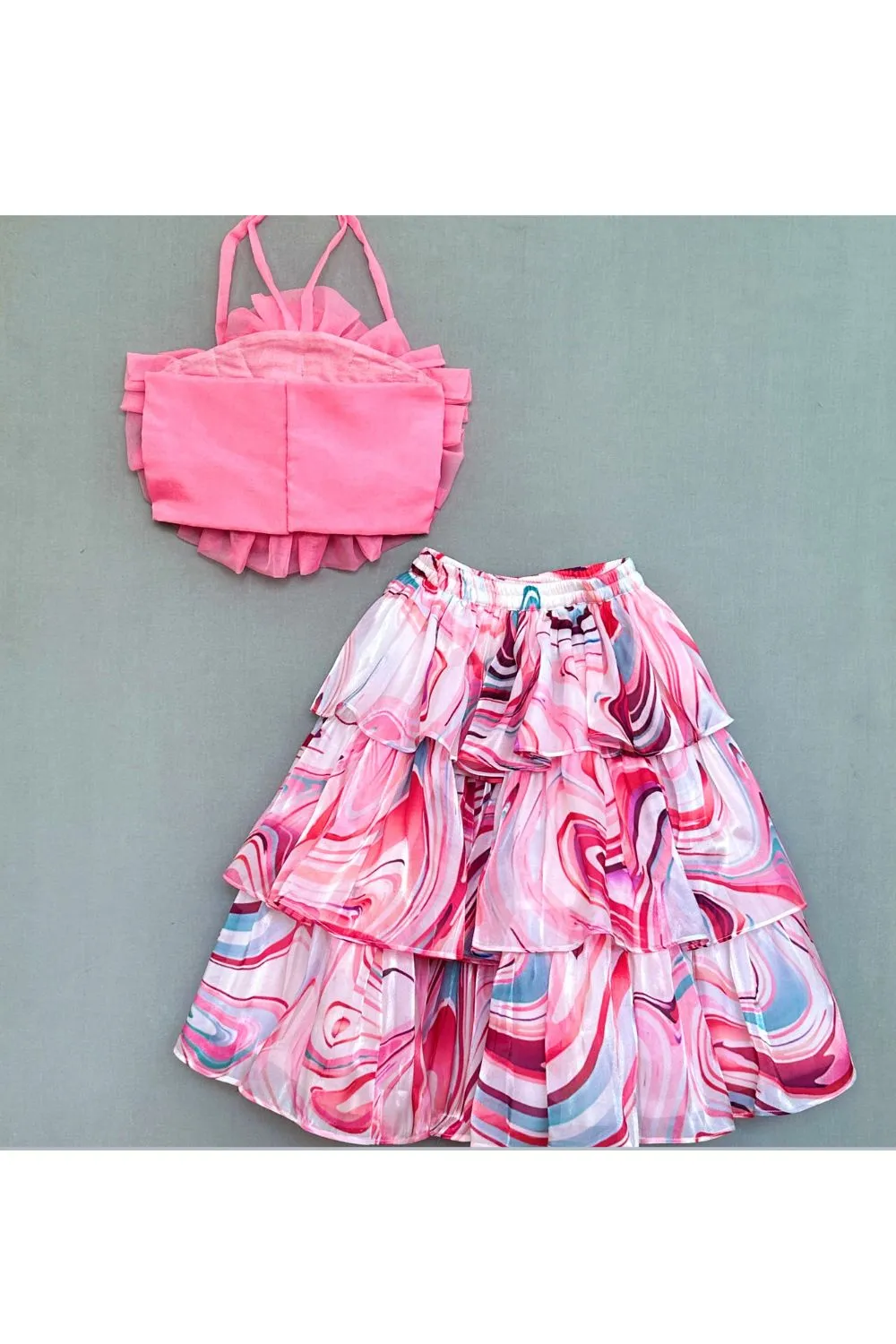 Multicolor Pink Halter Neck Ruffles top with Printed layers Skirt