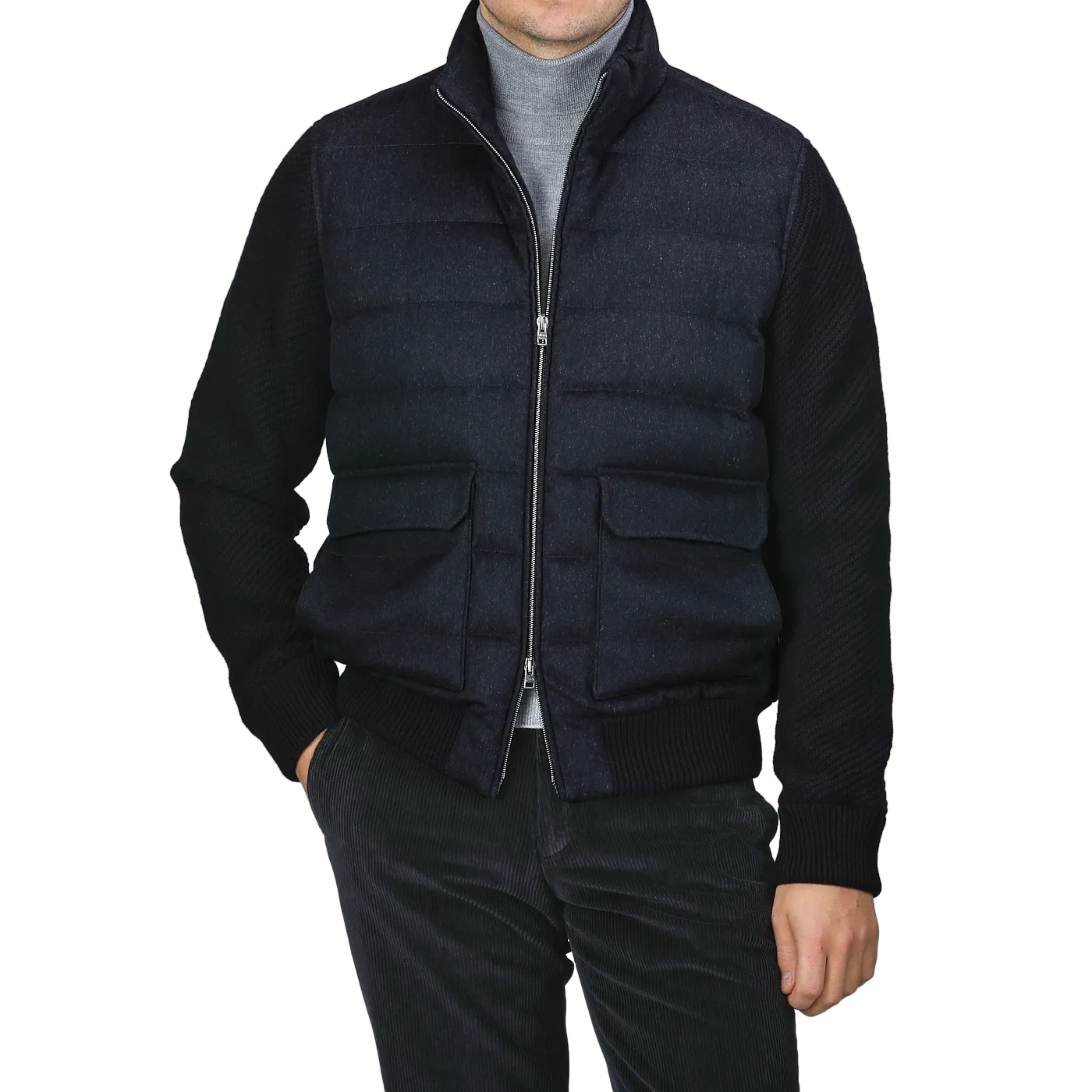 Navy Blue Cashmere Silk Bomber Jacket