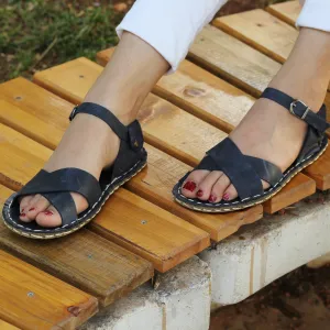 Navy Blue Leather Women's Huarache Barefoot Sandals