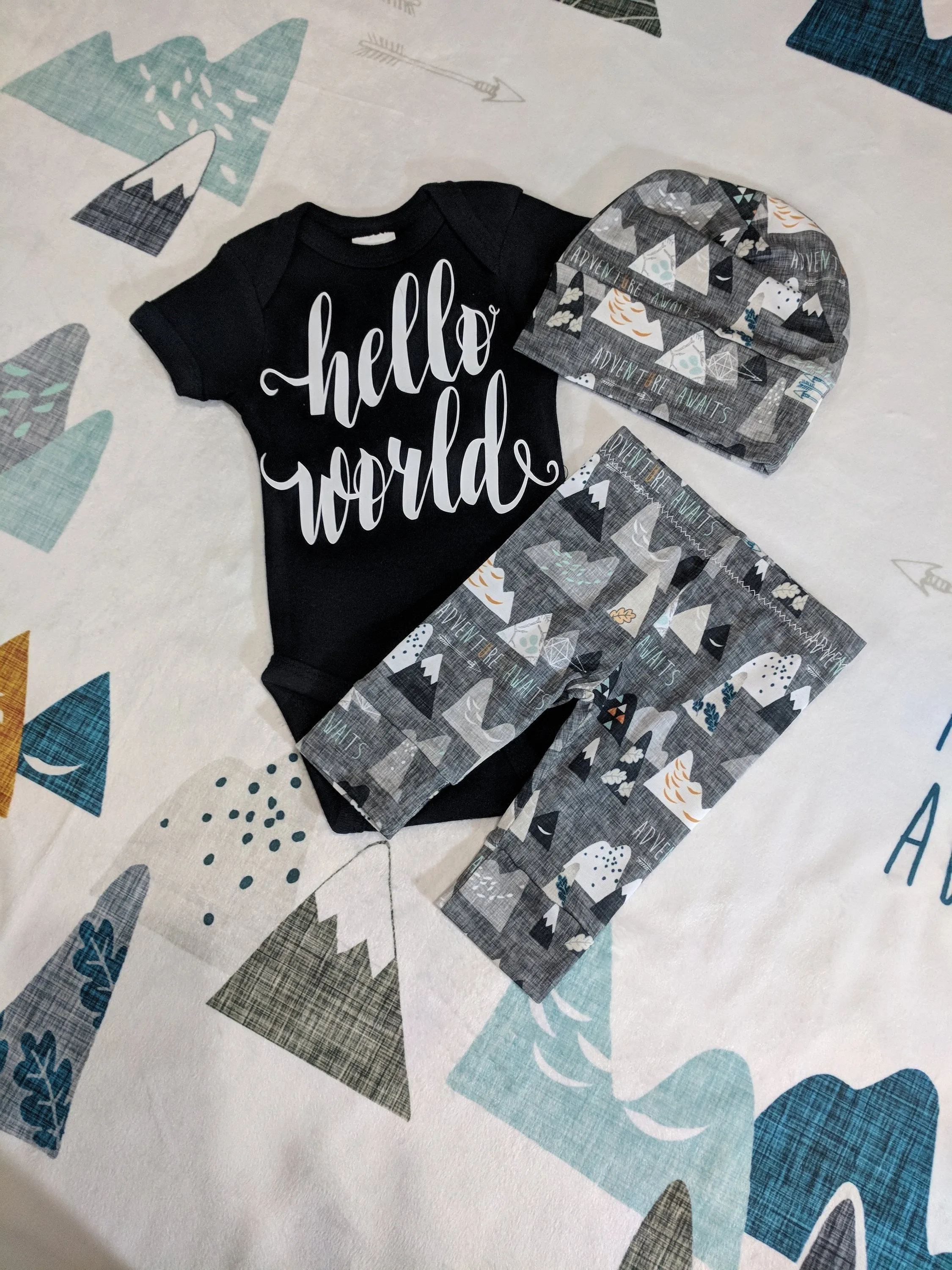 Newborn Coming Home Outfit,Adventure Awaits Pant   Hat or Band   Personal Bodysuit