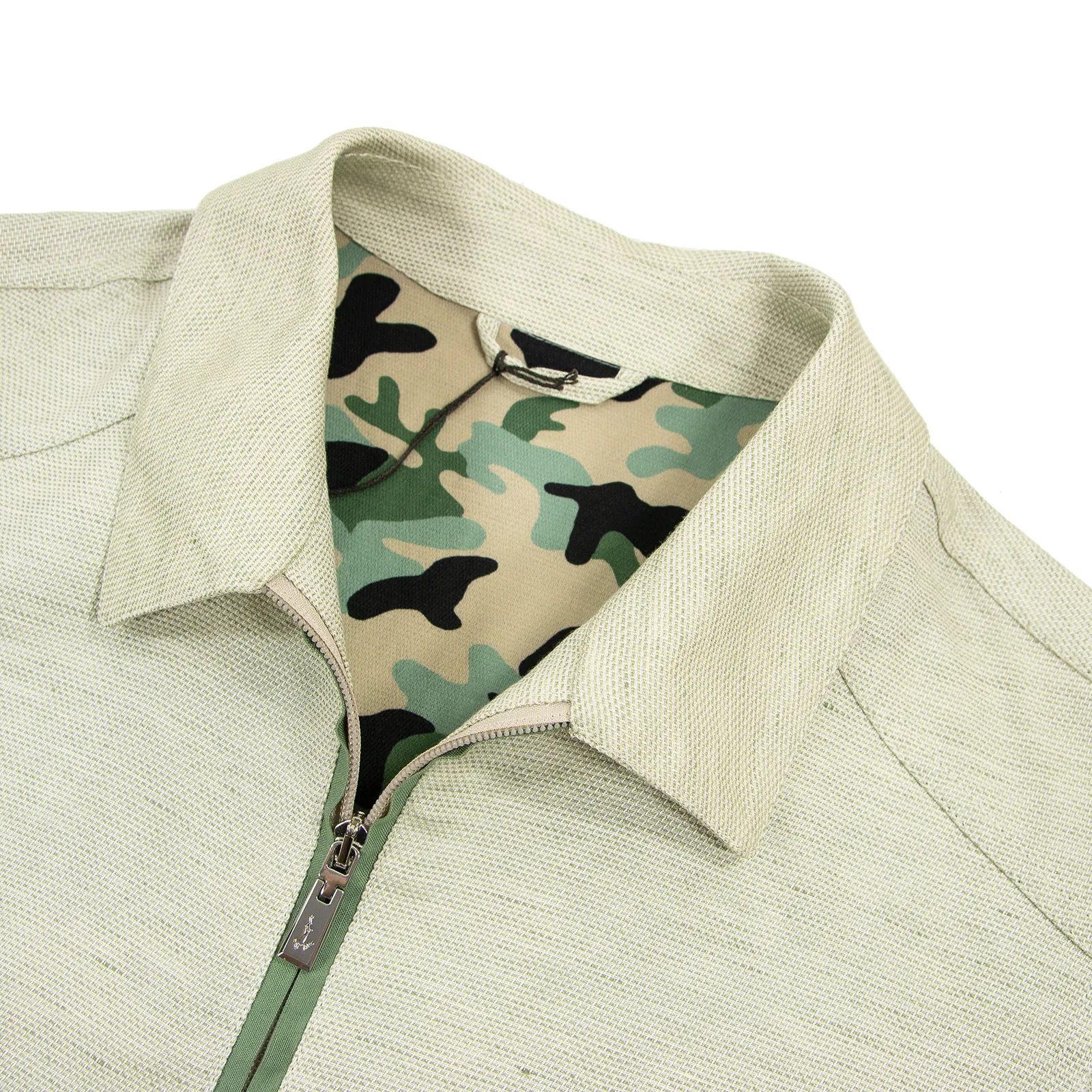 NWT Schiatti Pale Green 60% Silk Linen Pique Camo Lined Bomber Jacket