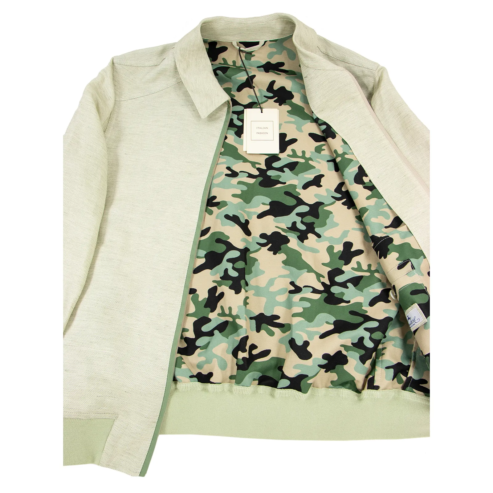 NWT Schiatti Pale Green 60% Silk Linen Pique Camo Lined Bomber Jacket