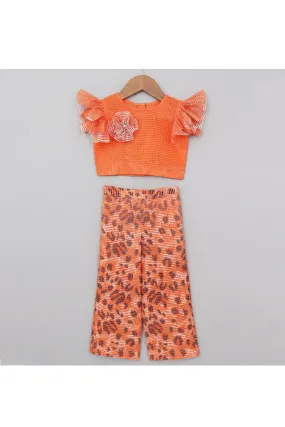 Orange Flower Detailing Top With Animal Printed Palazzo Set