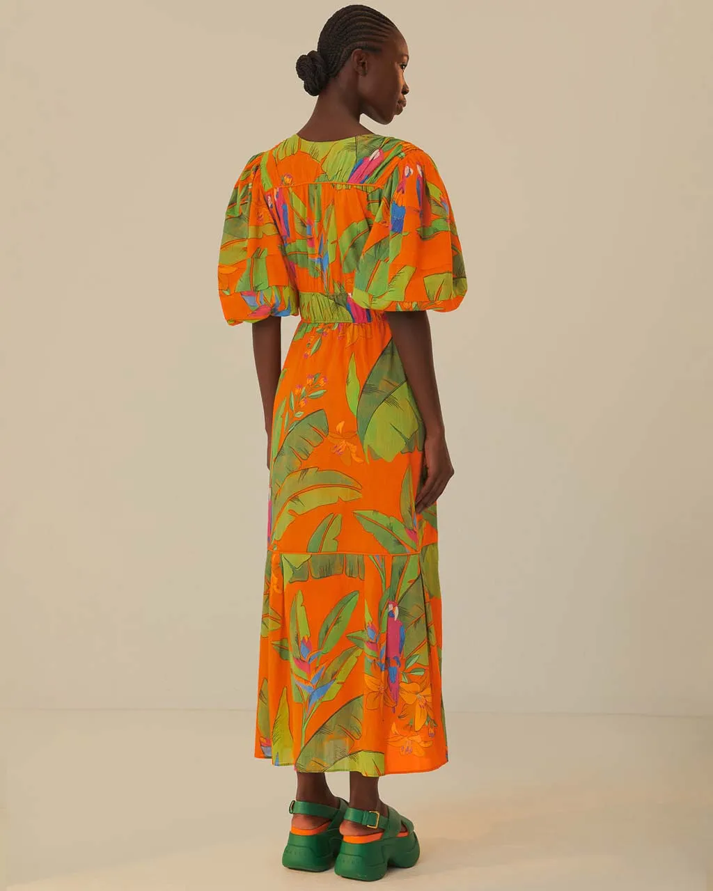 Orange Fresh Macaws Midi Dress