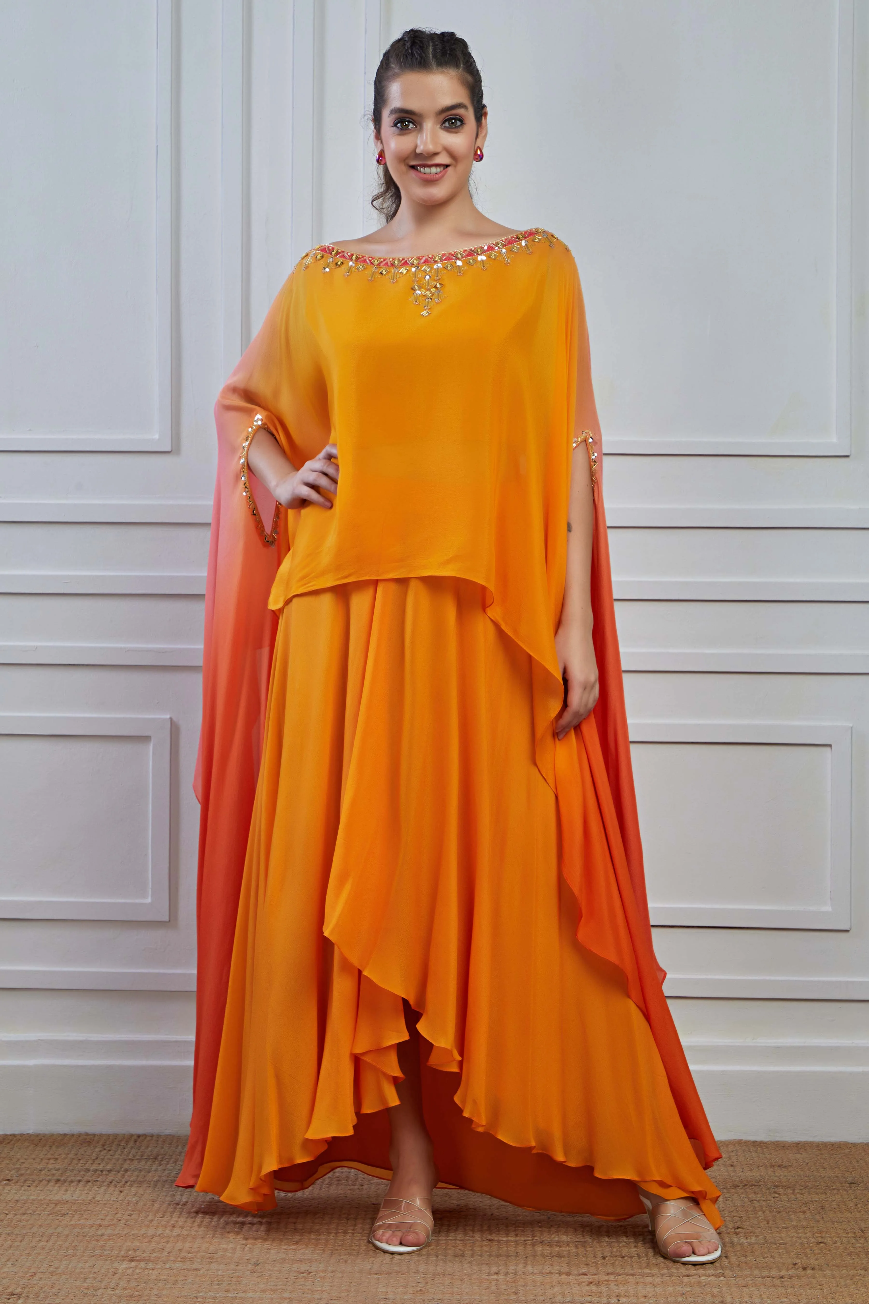 Orange Ombre-Dyed Crepe Silk Kaftan Skirt Set