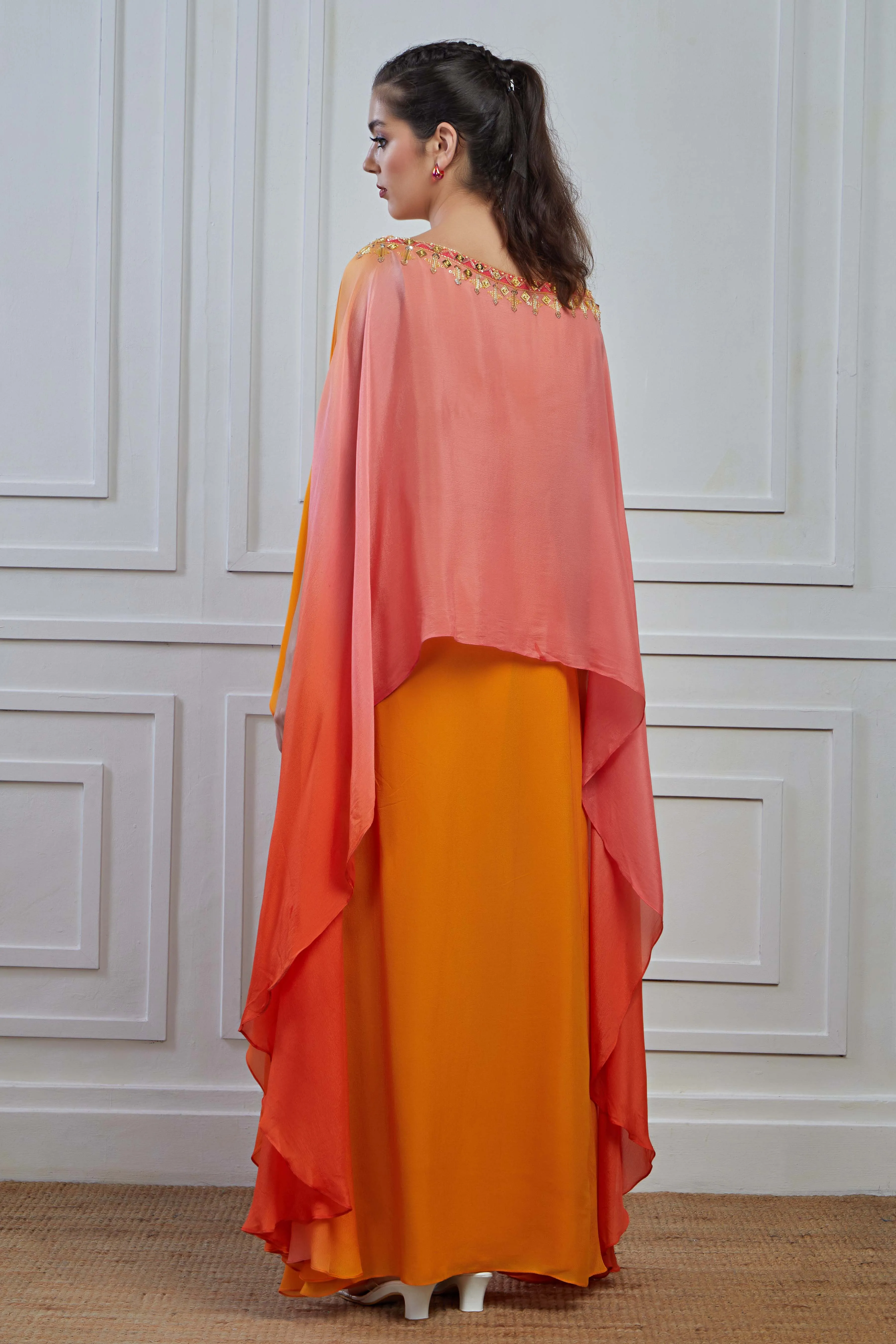 Orange Ombre-Dyed Crepe Silk Kaftan Skirt Set