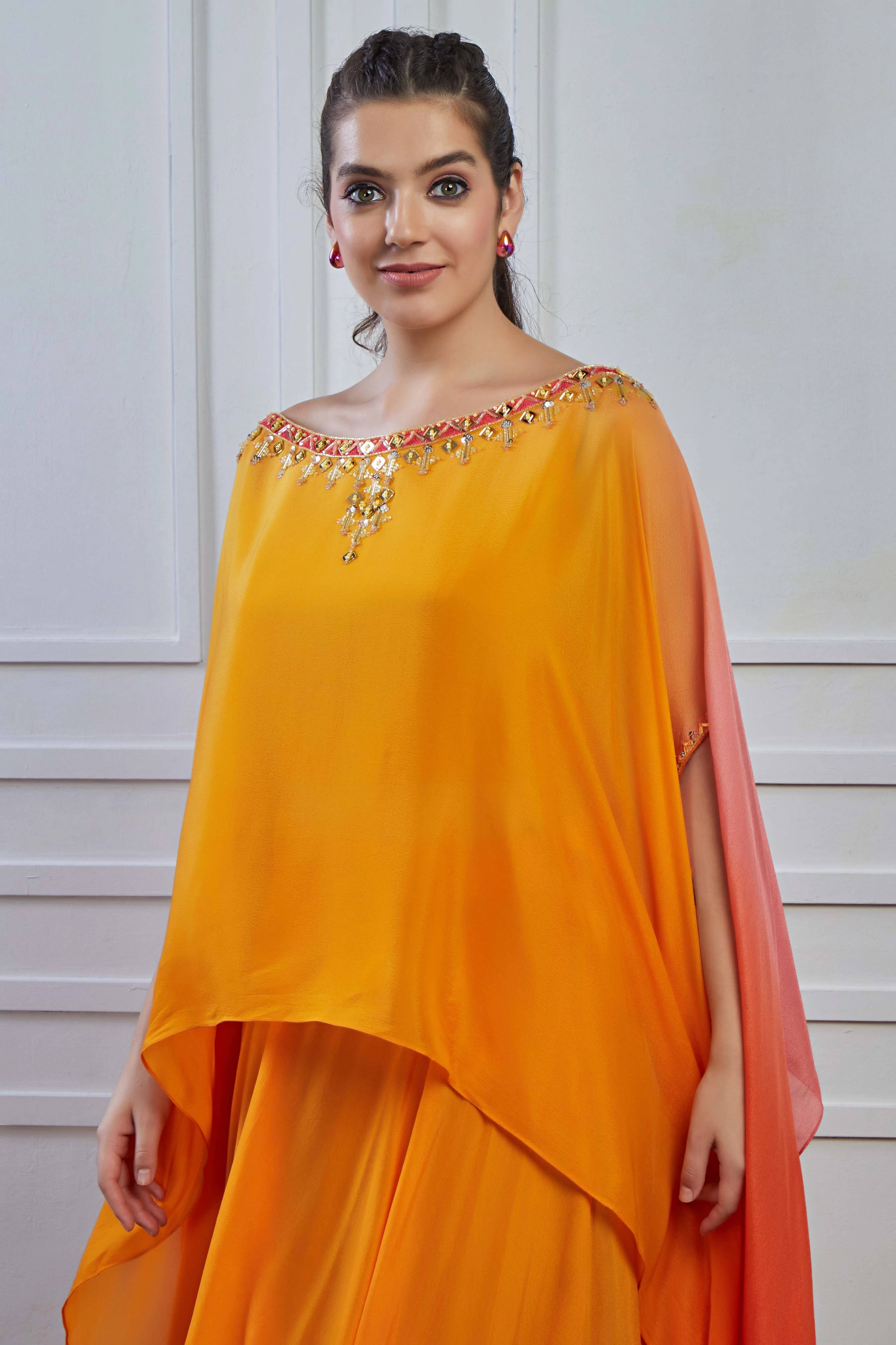 Orange Ombre-Dyed Crepe Silk Kaftan Skirt Set