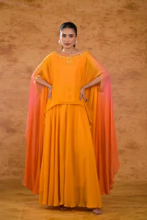 Orange Ombre-Dyed Embellished Georgette Silk Skirt Set