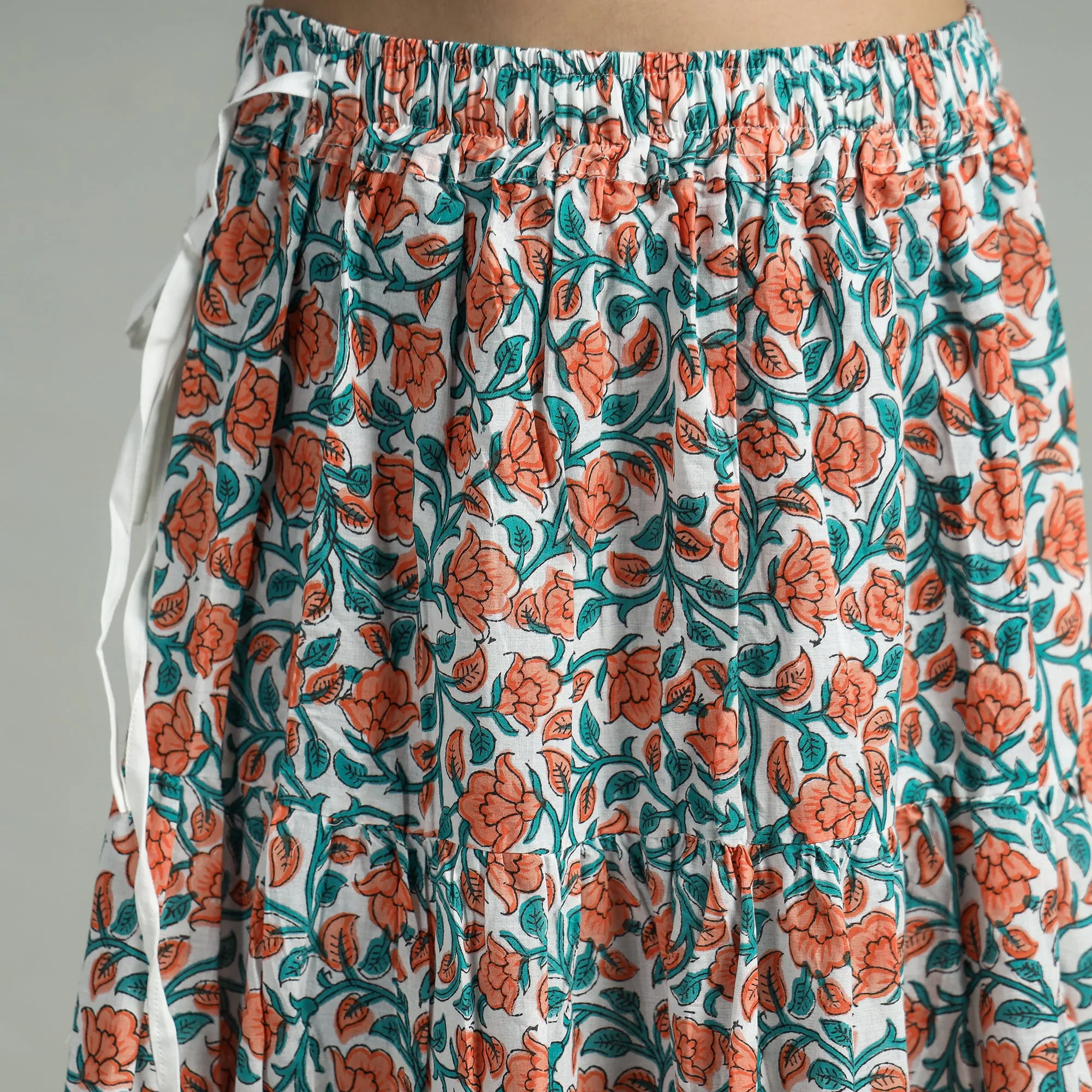 Orange - Sanganeri Block Printed Tiered Cotton Long Skirt