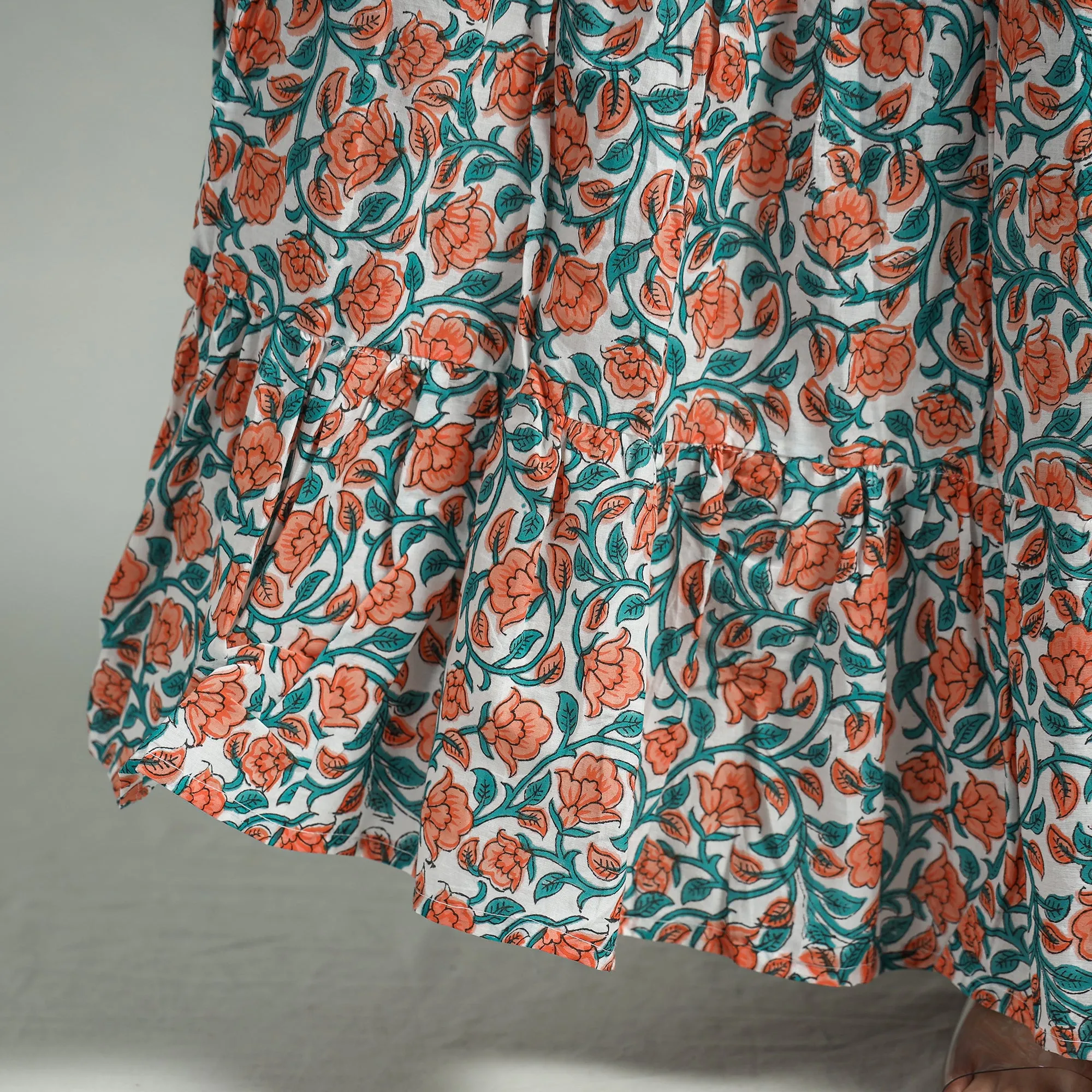 Orange - Sanganeri Block Printed Tiered Cotton Long Skirt