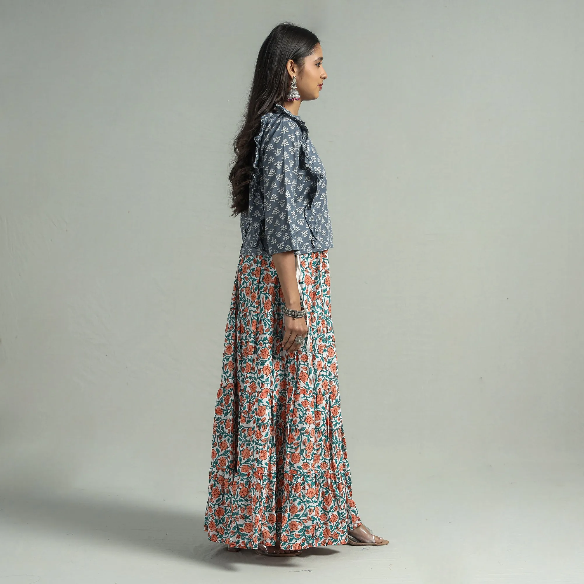 Orange - Sanganeri Block Printed Tiered Cotton Long Skirt