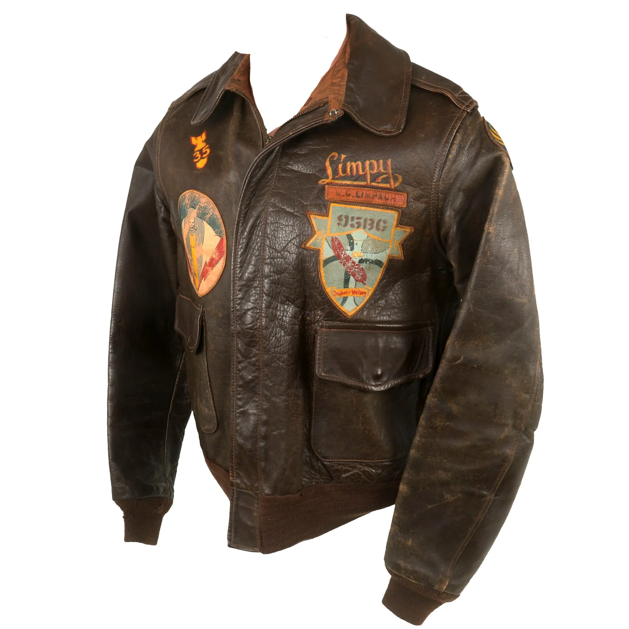 Original U.S. WWII B-17 “Evasive Action” Navigator Painted A2 Flight Jacket, Uniform, & Cased Medals and Insignia - Air Medal with 5 OLCs - 334th Bomb Squadron, 95th Bombardment Group - William Charles "Limpy" Limpach